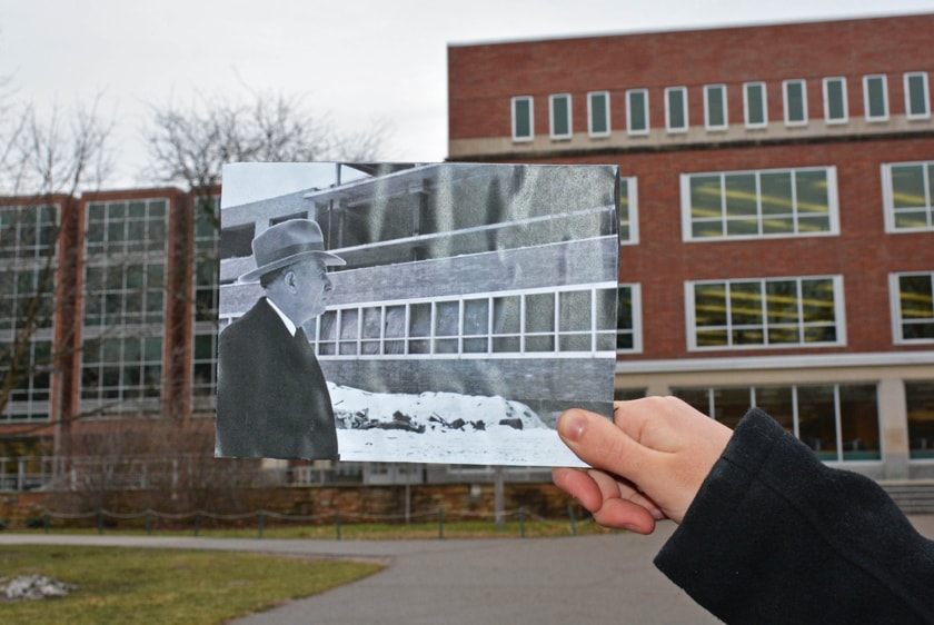 John Hannah looking at the construction of the MSU Main Library then; MSU Main Library now