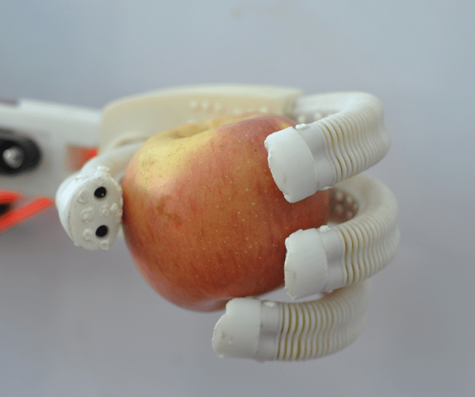A robotic hand made from soft materials grips an apple