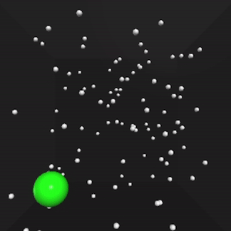 This computer simulation illustrates diffusion, a fundamental motion in biology. Here, a large green sphere represents a biomolecule diffusing, going through what's a called a random walk as it bounces smaller white spheres representing water molecules. 