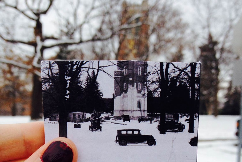 Beaumont Tower under construction then; Beaumont Tower now