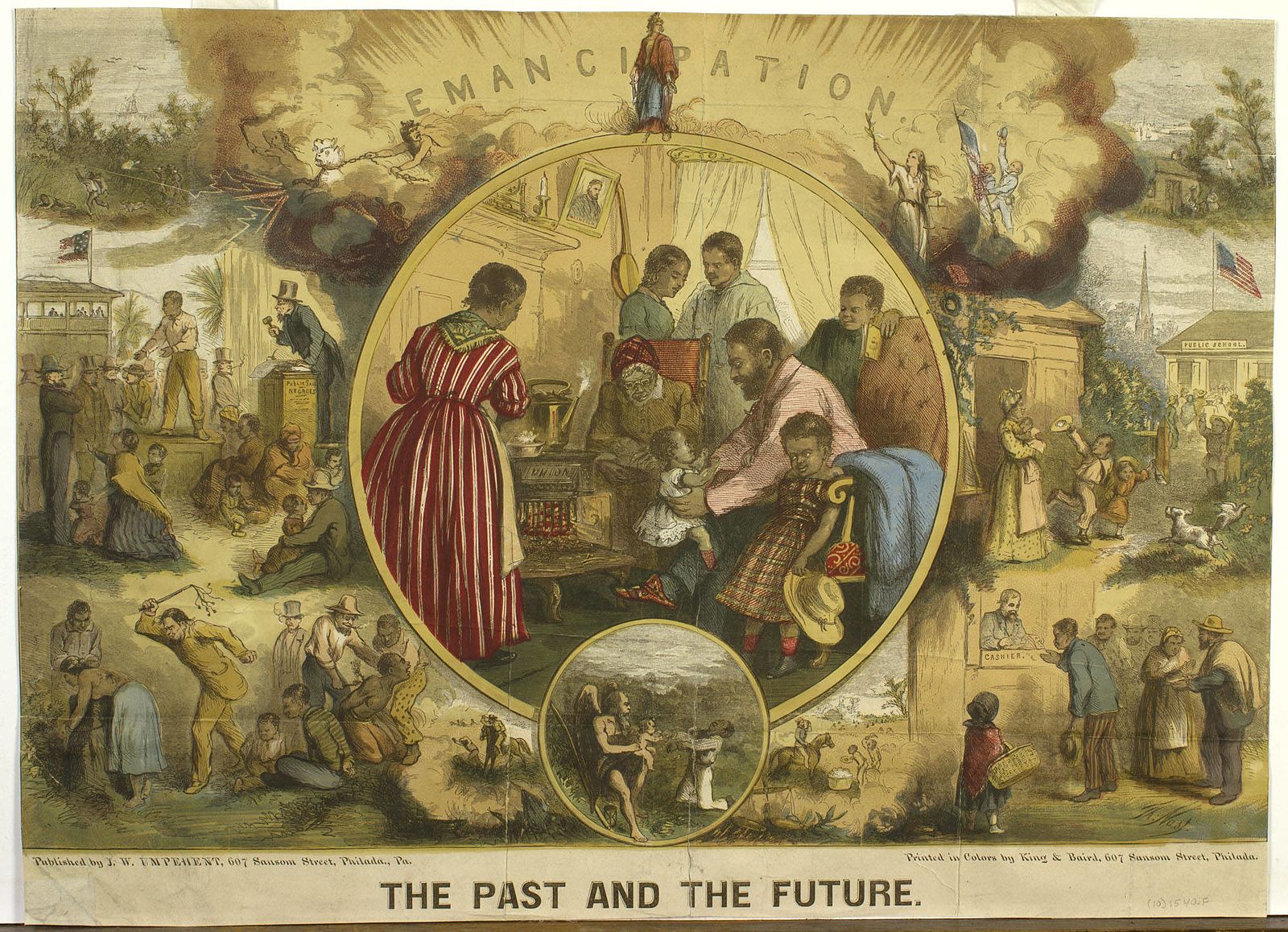 Image representing the past before slavery, and the future after, with an image of a Black family in the middle with the words 