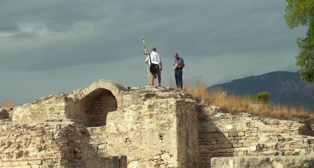 Associate Professor Jon Frey with Timothy Gregory, previous Director of the Isthmia Excavations, collecting GPS data near the remains of the Roman Bath at Isthmia.
