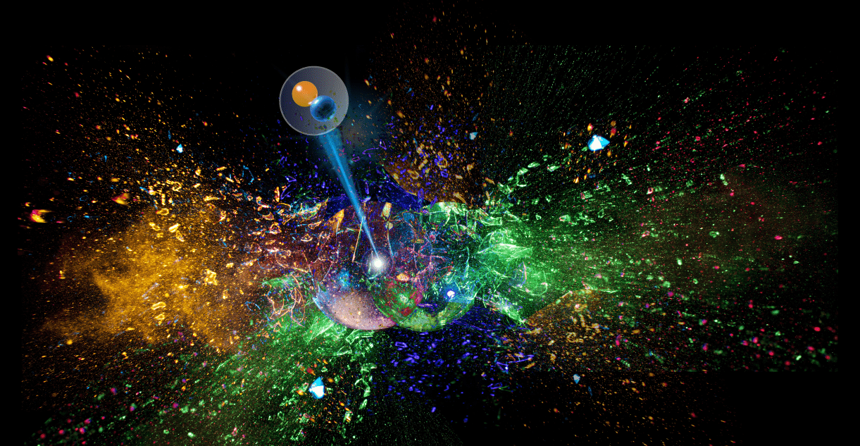 An artist’s impression shows two translucent orbs, which represent tin nuclei, colliding and shattering in a shower of colorful shards. Amidst these shards, which represent protons, neutrons and their clusters, is a single pion, shown as another translucent sphere with two smaller spheres, representing quarks, inside.