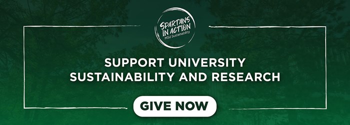 Graphic with Spartans in Action logo and button with text "give now", and text "support university sustainability and research"