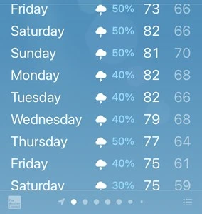 Friday rain; Saturday rain; Sunday rain; Monday rain; Tuesday rain, Wednesday rain; Thursday rain; Friday rain; Saturday rain