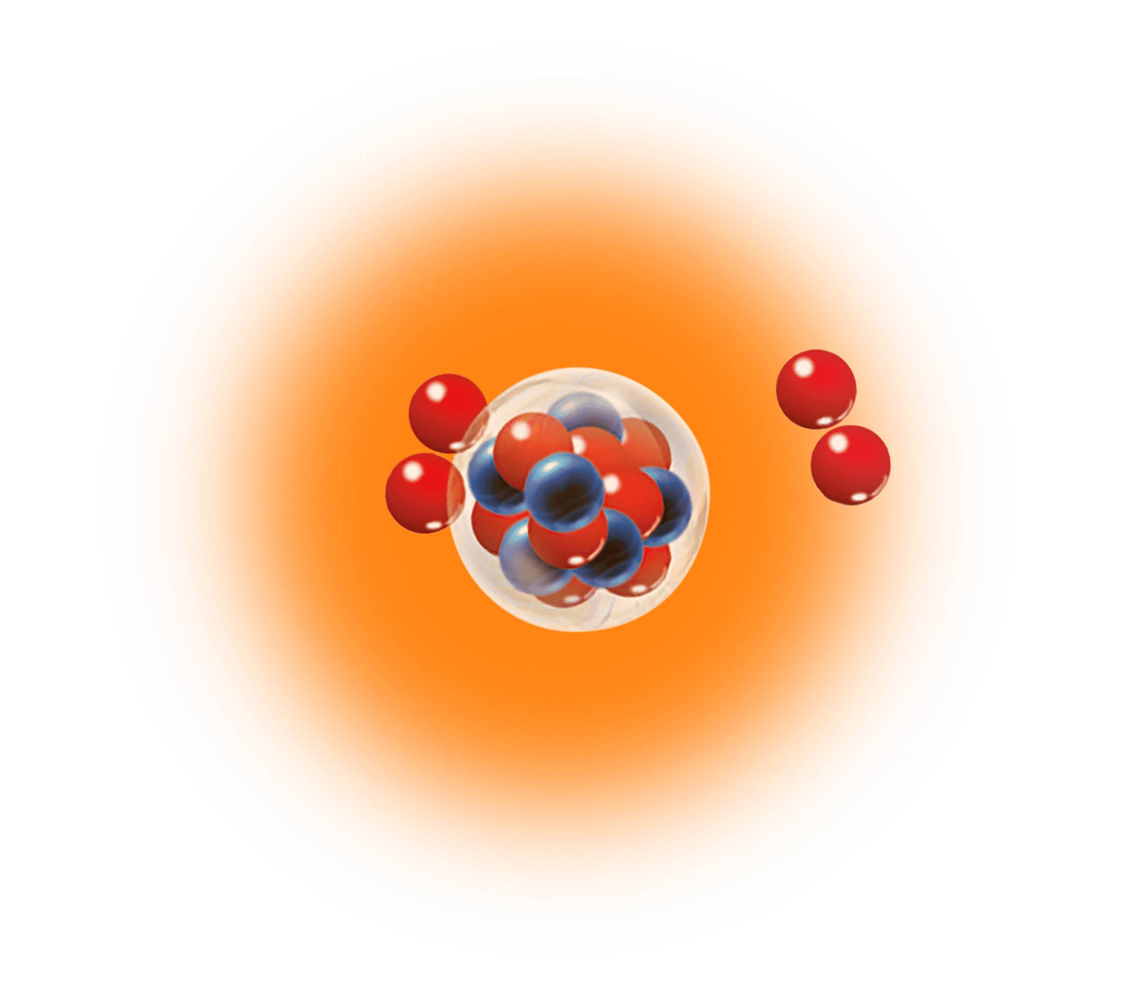 An illustration of magnesium-18 with 12 red orbs representing protons and six blue orbs representing neutrons.