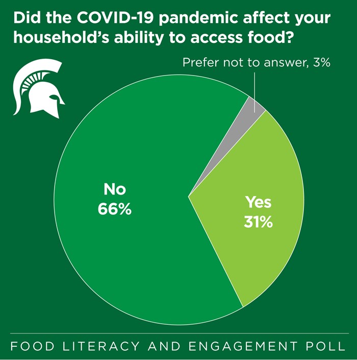 Pie chart. Title: Did the COVID-19 pandemic affect your access to food? Responses: No (66%), Yes (31%), Prefer not to answer (3%)