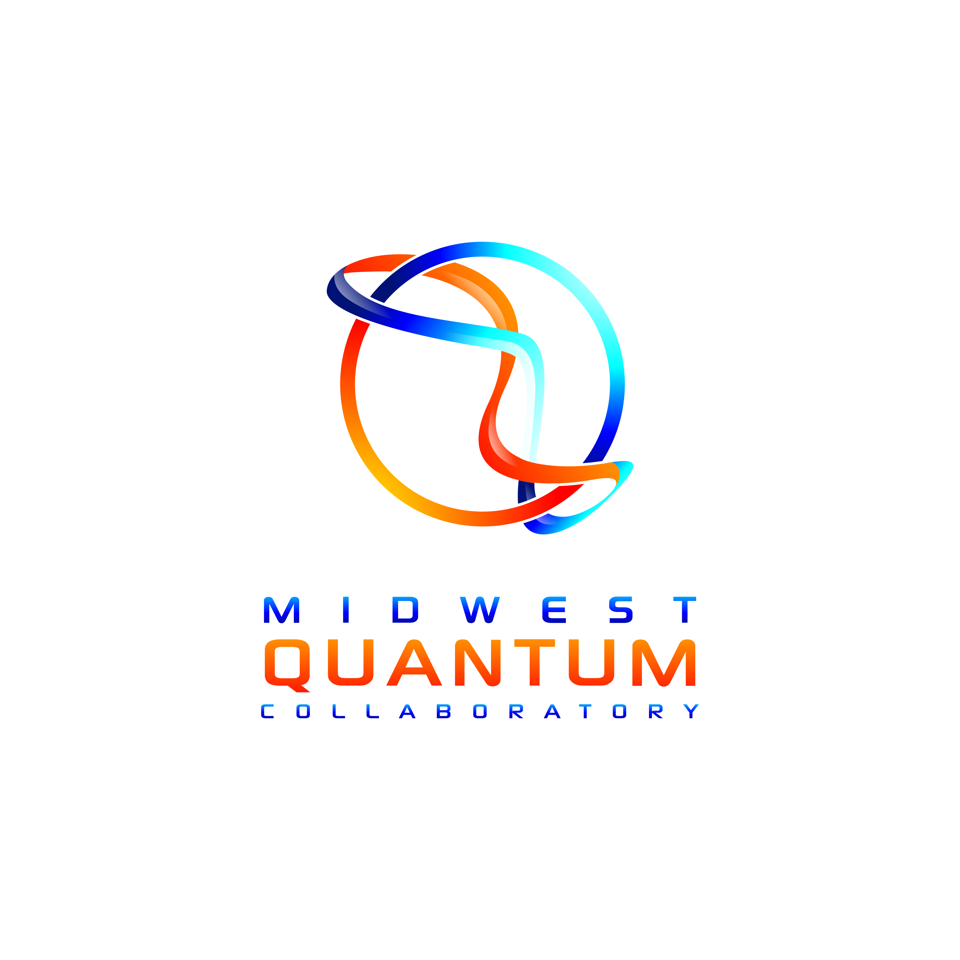 The MQC logo says Midwest Quantum Collaboratory and features a circle outline that's half orange and half blue. Bisecting the circle is a wavy, ribbon-like structure this is also half orange, half blue.