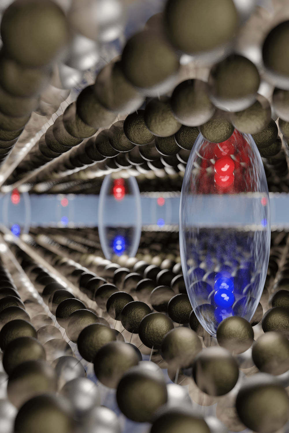 An artistic conception of a material at the nanoscale shows two layers of gray orbs representing atoms at the top and bottom of the screen. Charged particles called electrons and holes — shown as red and blue spheres — move between these layers. 