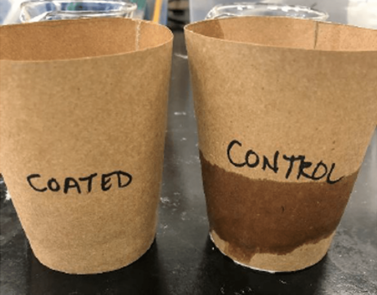 Two light brown paper cups are photographed side by side. The one on the left is labeled with the word 