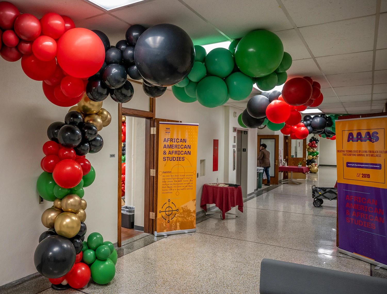 Balloon arch over the entrance to the new African and African American Studies department
