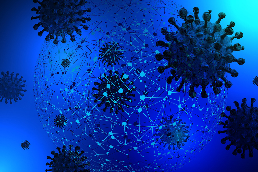 An illustration shows several spiky spheres representing the coronavirus against a dark blue background. In the middle of the image, a network of lighter blue dots forms its own sphere.