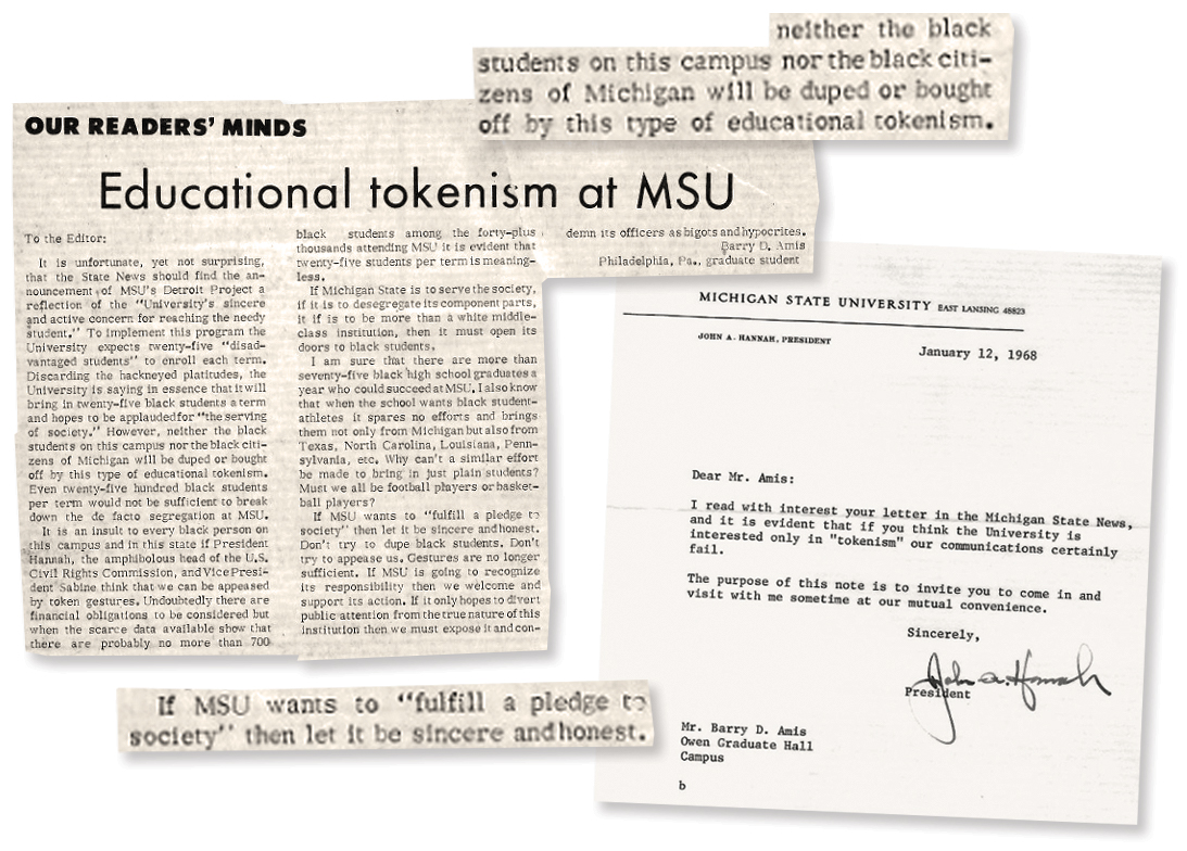 Newspaper clippings from the MSU State News of when Barry D. Amis served as President of MSU’s Black Student Alliance. The clippings on the left show the list of demands from the Black Student Alliance for the MSU Administration and a photo of Amis presenting the demands to President John Hannah. In the middle is a photo of Amis teaching a course at MSU that he helped develop. On the right is an editorial cartoon depicting President John Hannah, Barry D. Amis, and members of the Black Student Alliance in a meeting following the occupation of the Administration building in April 1968. 