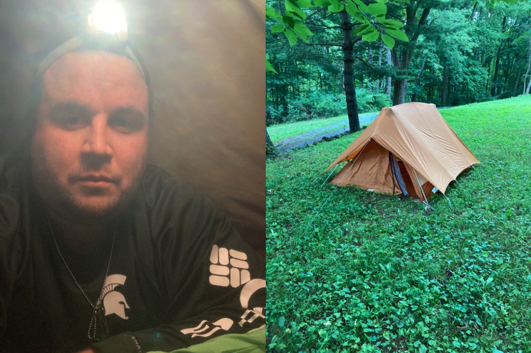 Left, Brian McNeely during the immersive section of the course in the Combat Veterans Certificate Program in the Michigan State University School of Social Work. Right, the tent he slept in.