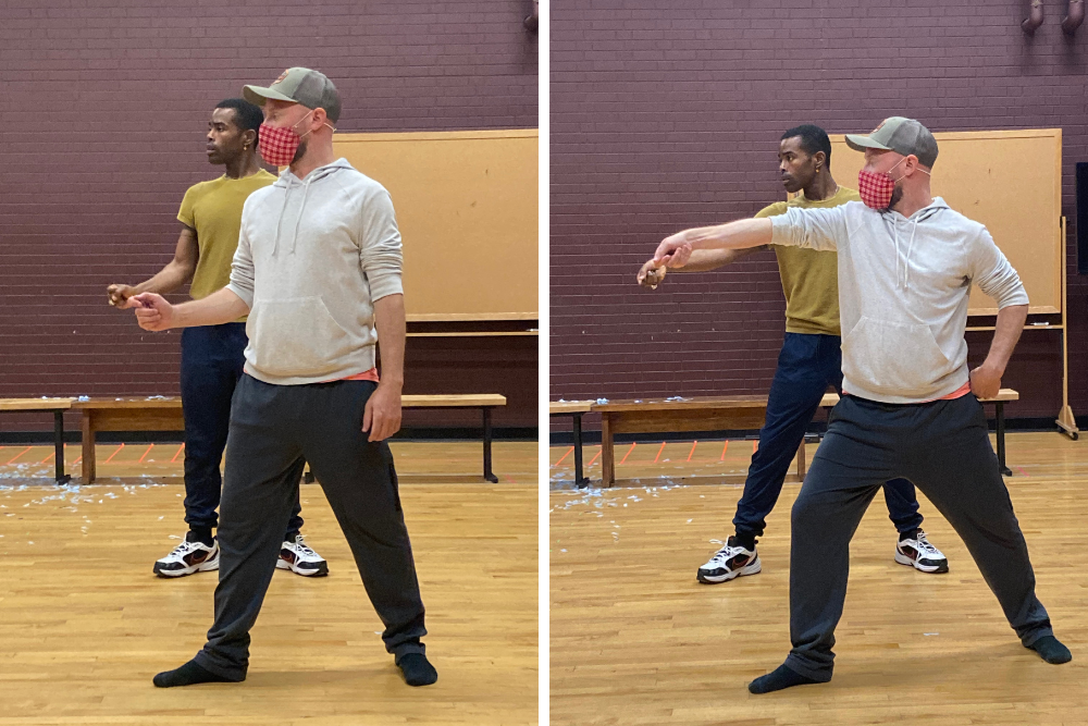 Brad Willcuts working on fight scene choreography with actor Jeremiah Porter as part of pre-production rehearsals for The Fantasticks.