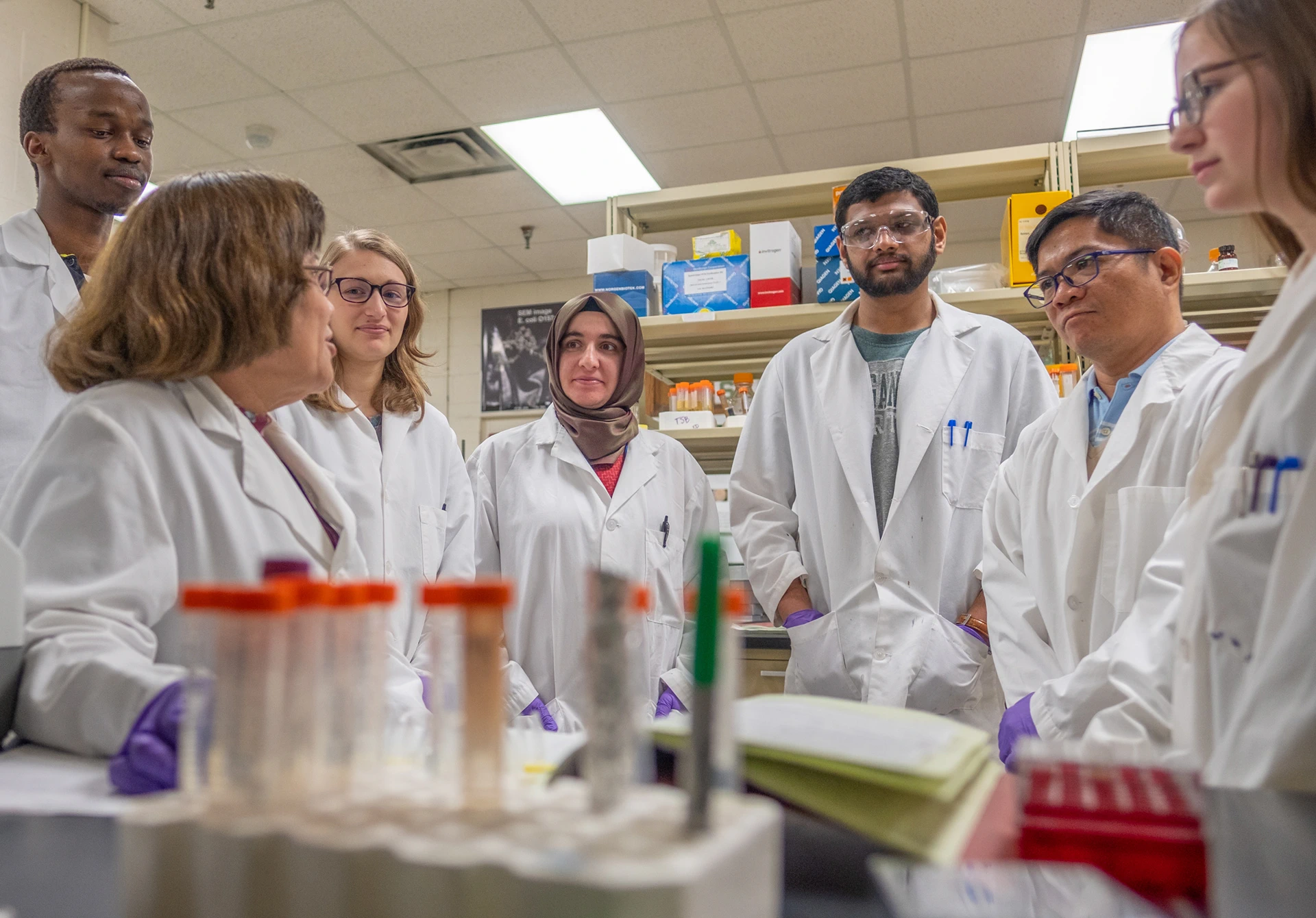 MSU Professor Evangelyn Alocilja talks with a group of students in her lab. 