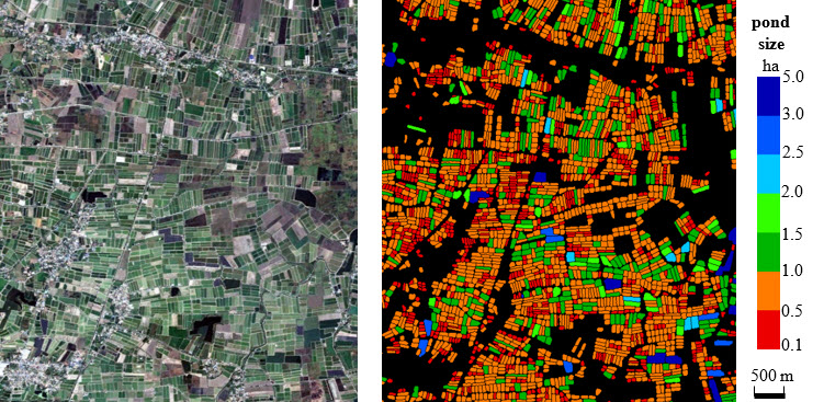 A satellite image over a 6 × 7 km region in central Thailand and the corresponding automatically extracted aquaculture ponds each colored by their area. Image courtesy of Lin Yan.
