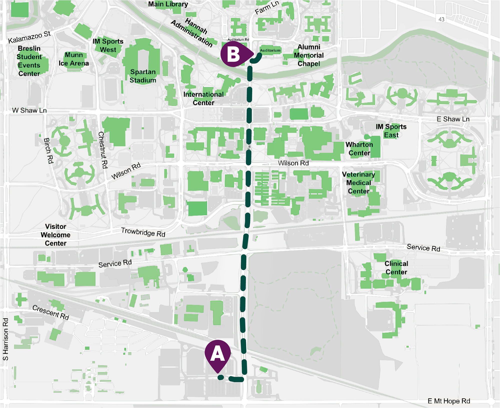 Campus map showing the route of the autonomous bus, going from point A, lot 89; to point B, the MSU Auditorium.