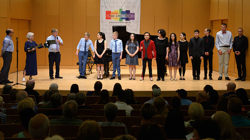 Participants in the 2019 Celebrating the Spectrum receive acknowledgments during the Finale Concert program at Cook Recital Hall of the Music Building. Photo by Harley Seeley.