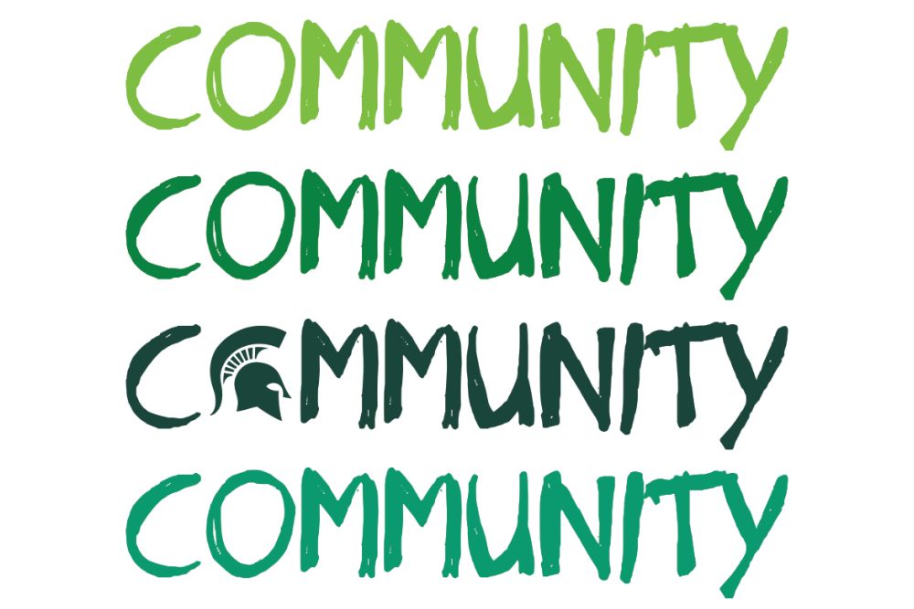  Department of Theatre graphic that lists the word "COMMUNITY" four times on top of one another.