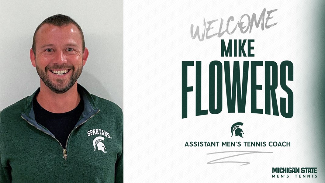 A banner with men's tennis coach Mike Flowers that reads, "WELCOME MIKE FLOWERS. ASSISTANT MEN'S TENNIS COACH."