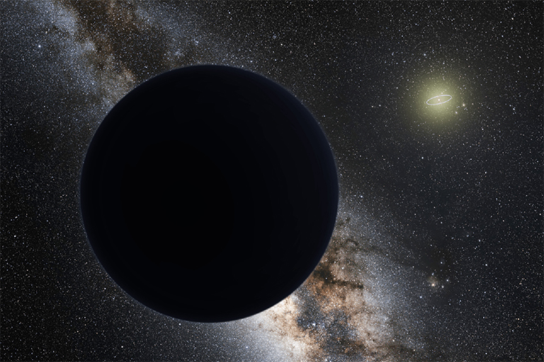 In the foreground, an artist has rendered a large, dark orb representing Planet 9. A yellow, ringed Neptune is seen in the distance. The image is set against an image of one the Milky Way’s spiral arms.
