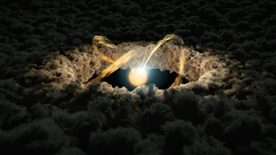 An artist's rendering is centered on a young bright yellow and orange star surrounded by a dark brown cloud of gas and disk that fills the remainder of the image.