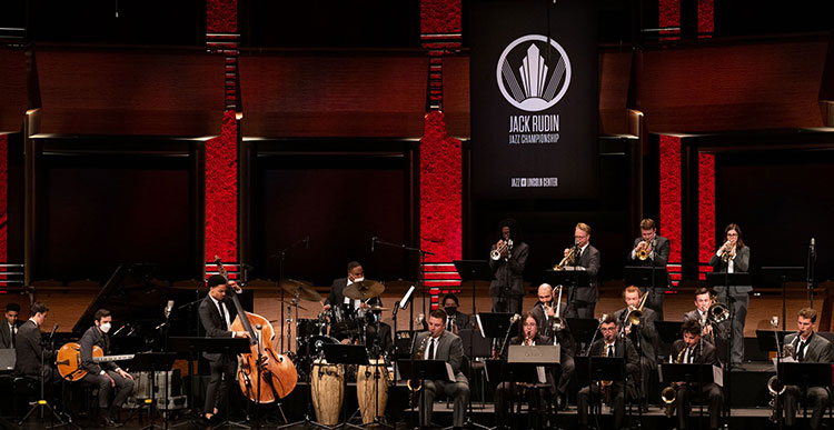 MSU Jazz Orchestra 1 on stage at the Rose Theatre in New York, on their way to a first place finish in the Jack Rudin Jazz Championship. (Photo: Lawrence Sumulong)
