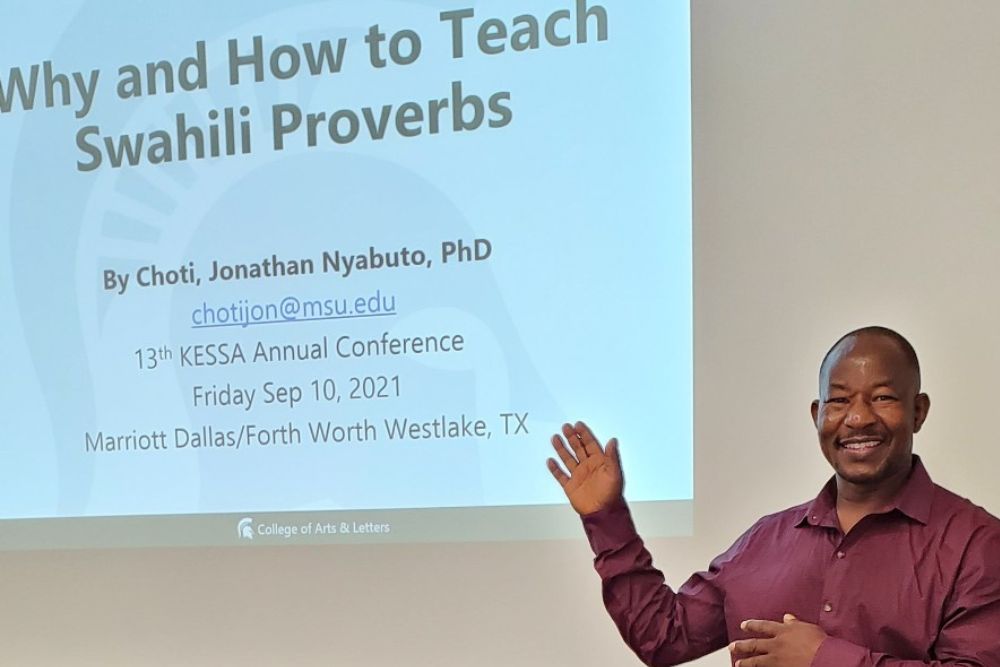 Jonathan Choti during his session on “Why and How to Teach Swahili Proverbs” that he delivered at the KESSA (Kenya Scholars & Studies Association) Annual Conference on September 10, 2021, in Texas.