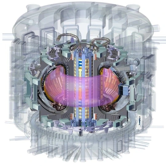 A schematic of the International Thermonuclear Experimental Reactor, with its confined plasma shown near the middle in light purple. Credit: U.S. ITER