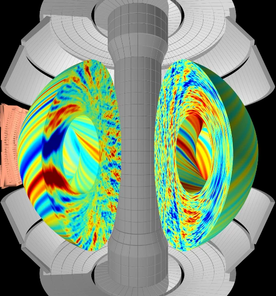 A computer rendering gives a peek inside a model of a toroidal plasma colored green, yellow, blue and red. It’s contained within a tokamak, shown as a spherical gray shell that has a cylindrical pillar in its center.