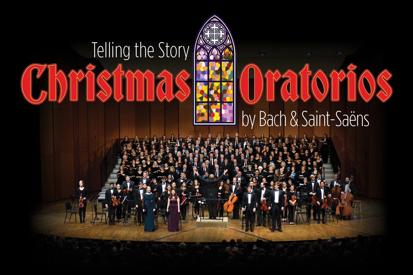 A symphony orchestra on stage at the Wharton Center with the text: Telling the Story Christmas Oratorios by Bach & Saint-Saens, MSU Federal Credit Union Showcase Series