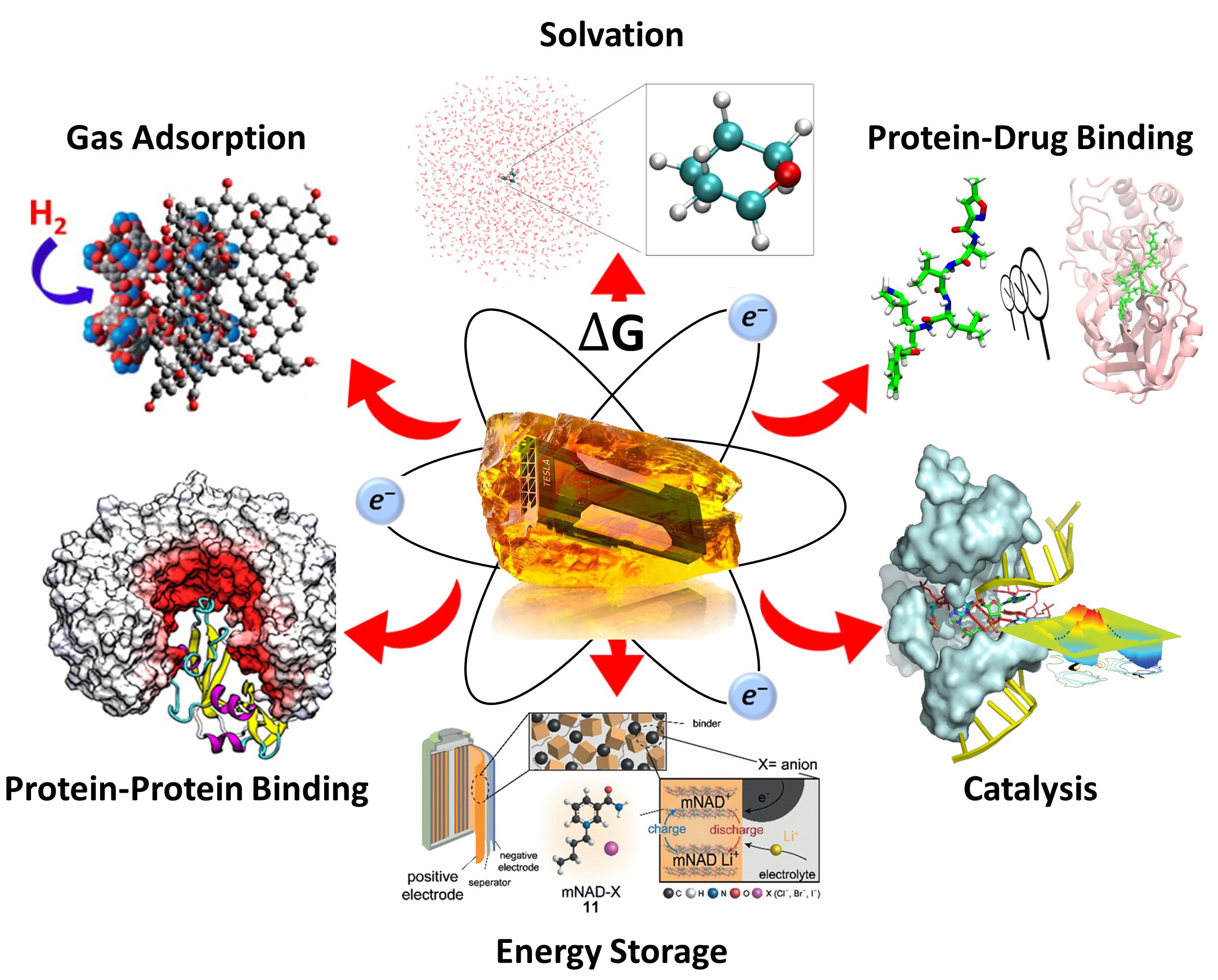 An illustration of the fields of chemistry that use Amber, represented at the center of the image as graphics processing unit encased in amber and orbited by electrons (as if it were an atom’s nucleus). The applications presented are solvation, protein-drug binding, catalysis, energy storage, protein-protein binding and gas adsorption.