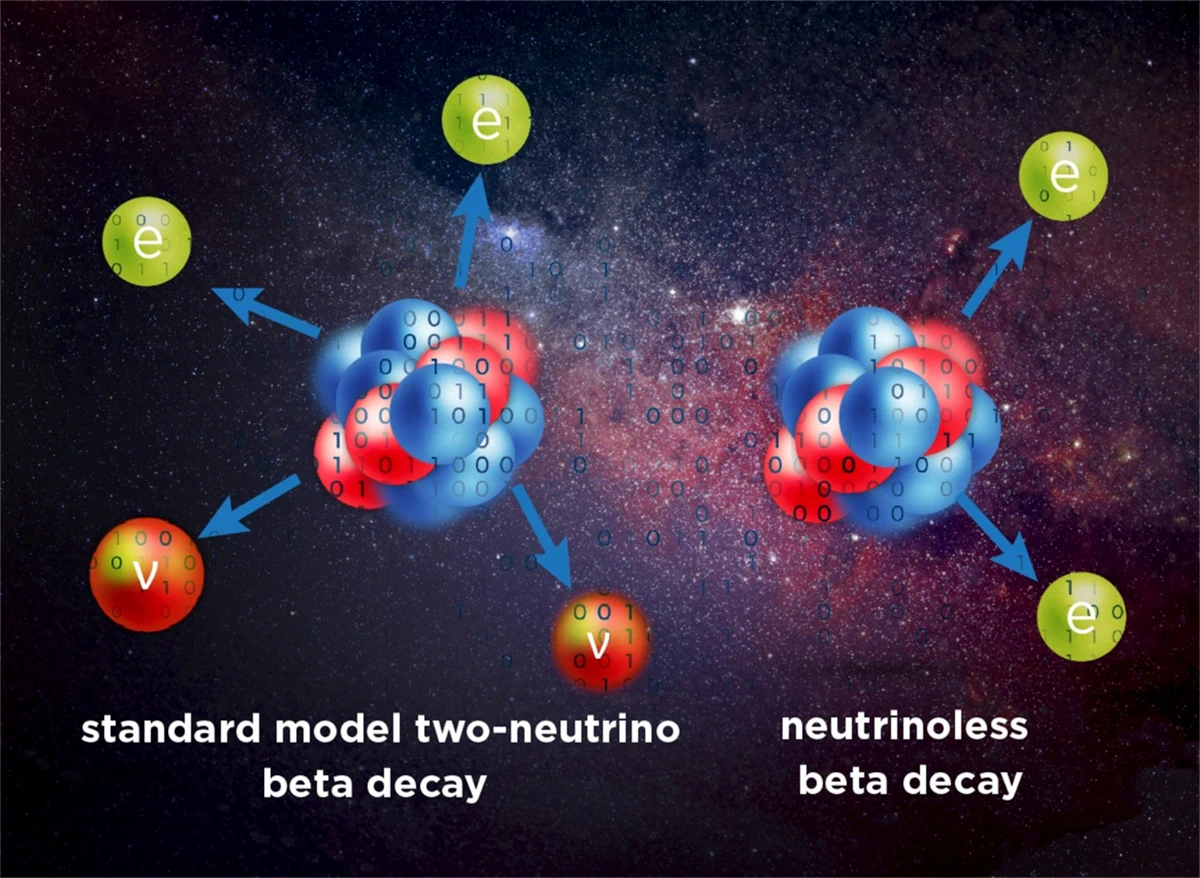 An illustration shows two atomic nuclei made of red orbs representing protons and blue orbs representing neutrons. The atom on the left is undergoing 