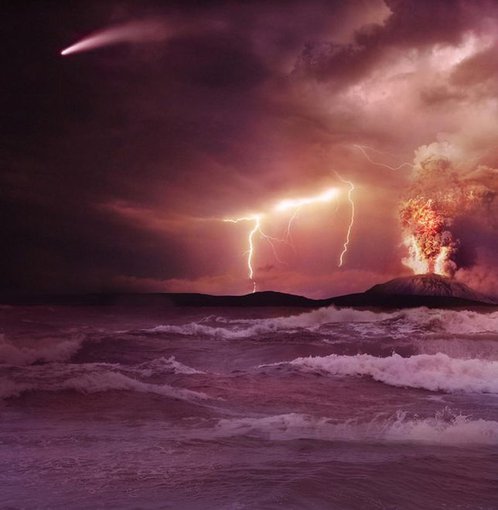 A painting of early Earth shows white-capped dark water under a dark gray sky. Lightning strikes hills in the distance and a volcano erupts, providing energy to convert atmospheric nitrogen and carbon dioxide into reactive nitrogen species such as nitrite and nitric oxide.