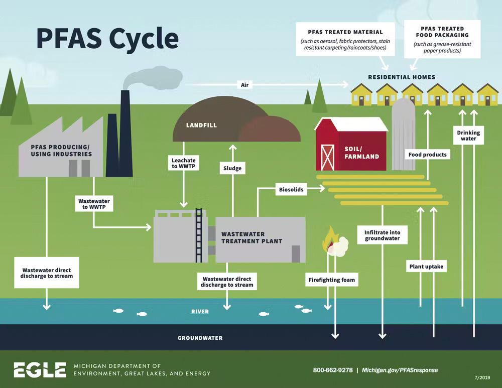 An illustration labeled “PFAS cycle” uses simple, colored shapes to show how PFAS moves into and out of the environment. PFAS producing/using industries, wastewater treatment plants, firefighting foams, farmland and landfills all contribute PFAS to rivers, where it can also flow into groundwater. From the rivers, groundwater PFAS can enter plants and drinking water, ultimately entering residential homes. Rivers, groundwater and farmland also let PFAS enter food products consumed in residential homes. 