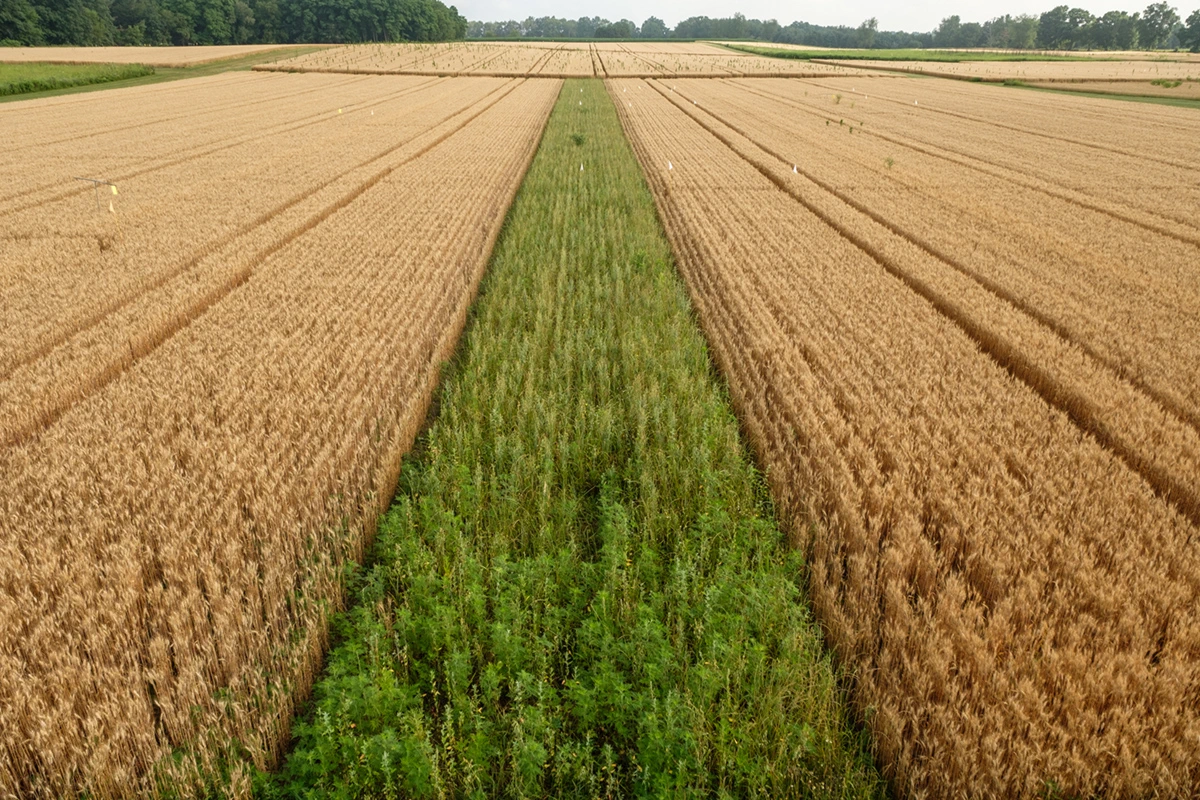 A narrow green strip of prairie runs through a wheat field.