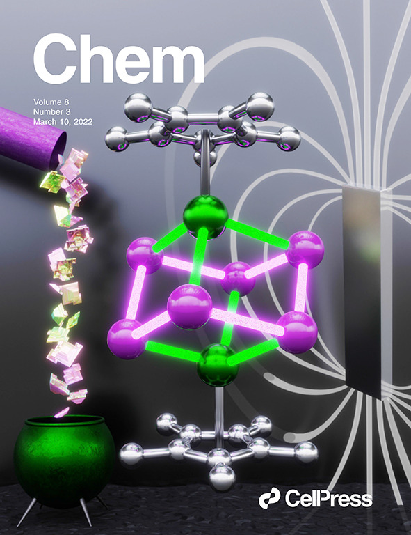 The March 10 cover of Chem shows an illustration with three components. On the left, a tube pours ingredients into a green cauldron. In the center is the new single-molecule magnet: Bismuth atoms (purple) form a cube with lanthanide atoms (green) sandwiched between hydrocarbon rings (silver). On the right, a graphic shows a silver rectangular bar magnet with gray loops around it representing magnetic field lines. The cover also shows the journal title, “Chem,” and the publisher’s name, “Cell Press.”