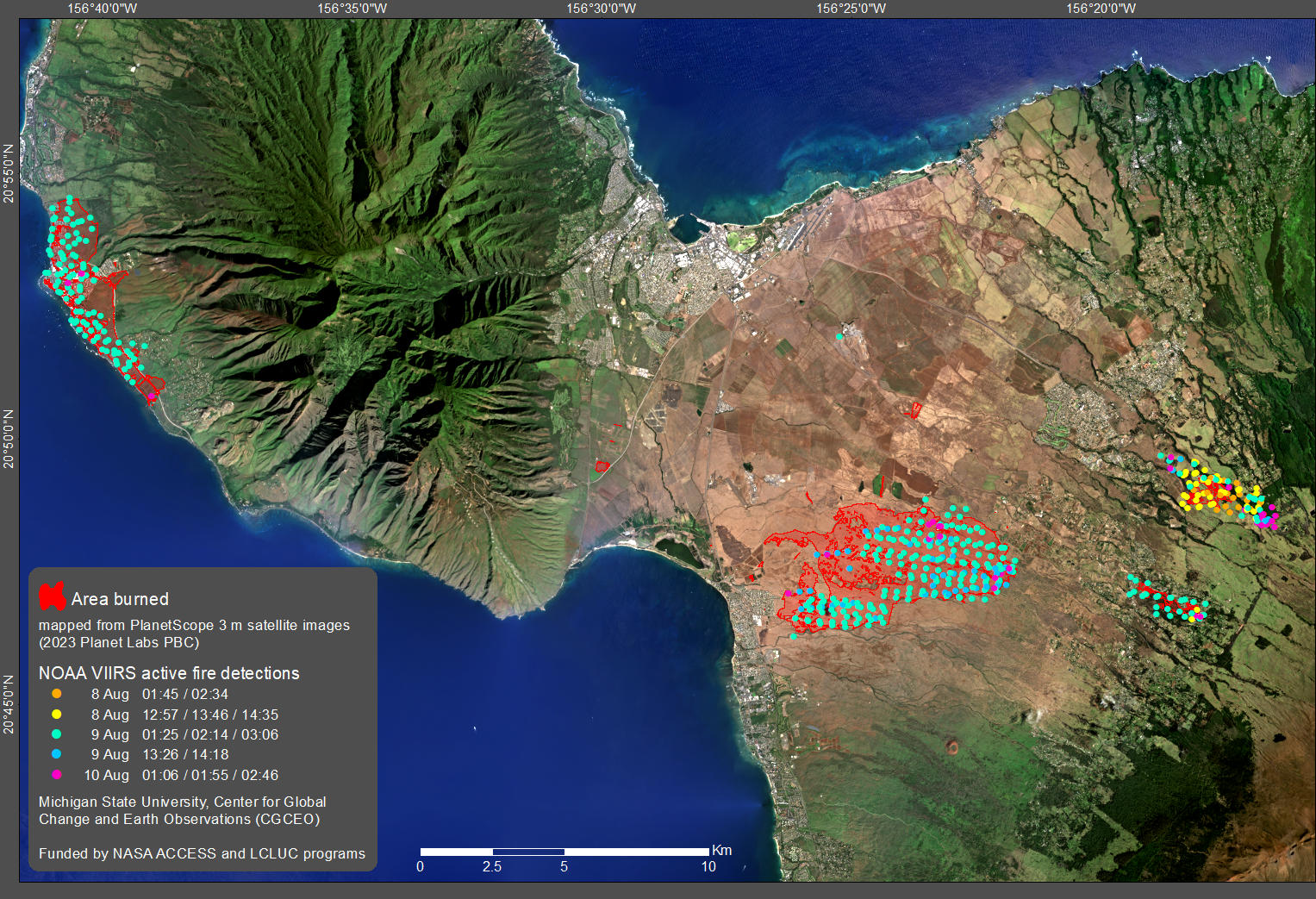 A map of Maui shows places where active fires have been detected using red dots.