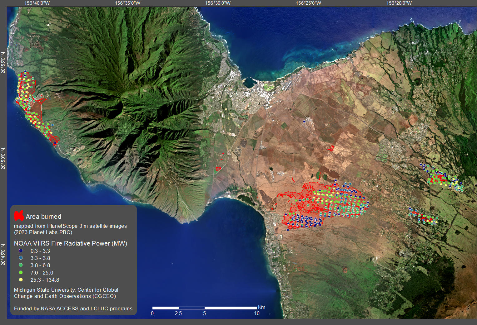 Active fire detections in Maui.