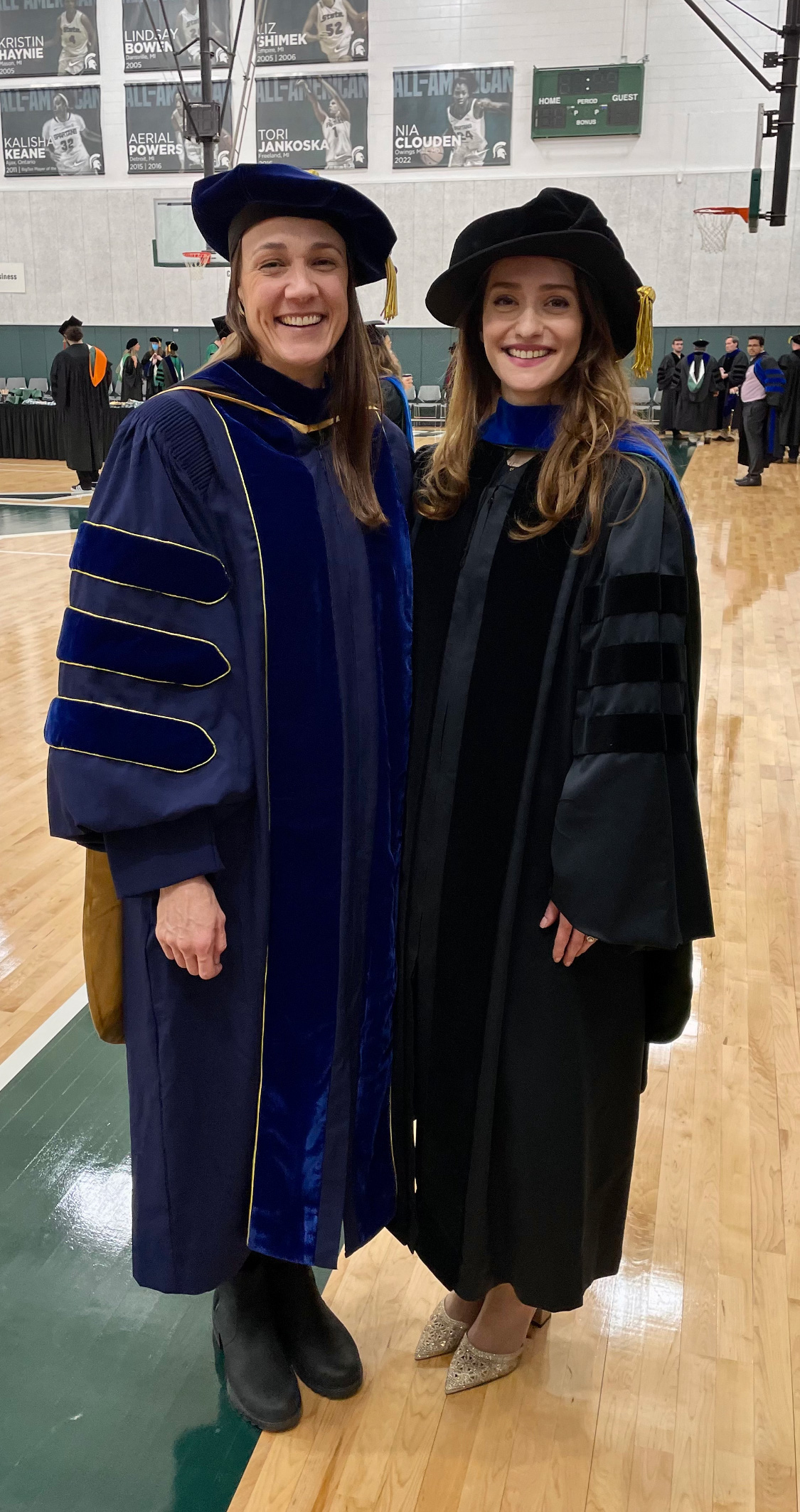 Yasi Zamani-Hank (right) and her advisor, Claire Margerison, at the MSU fall graduation ceremony on Dec. 16. Photograph by Hanyue Li. 