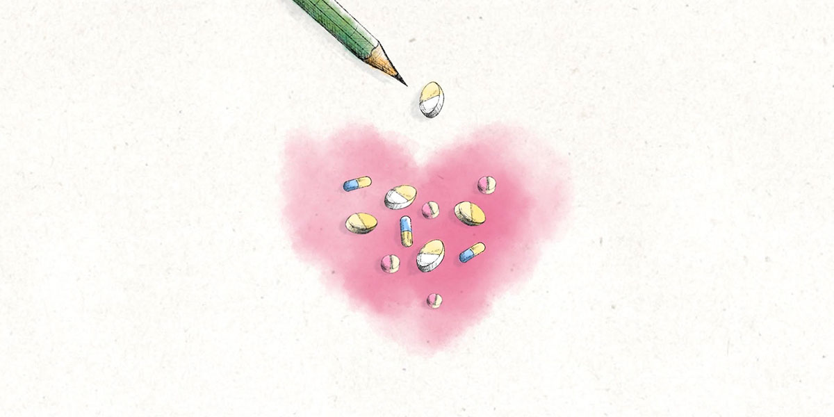 An illustration shows a pencil drawing tiny pills that fill a red, watercolor heart.