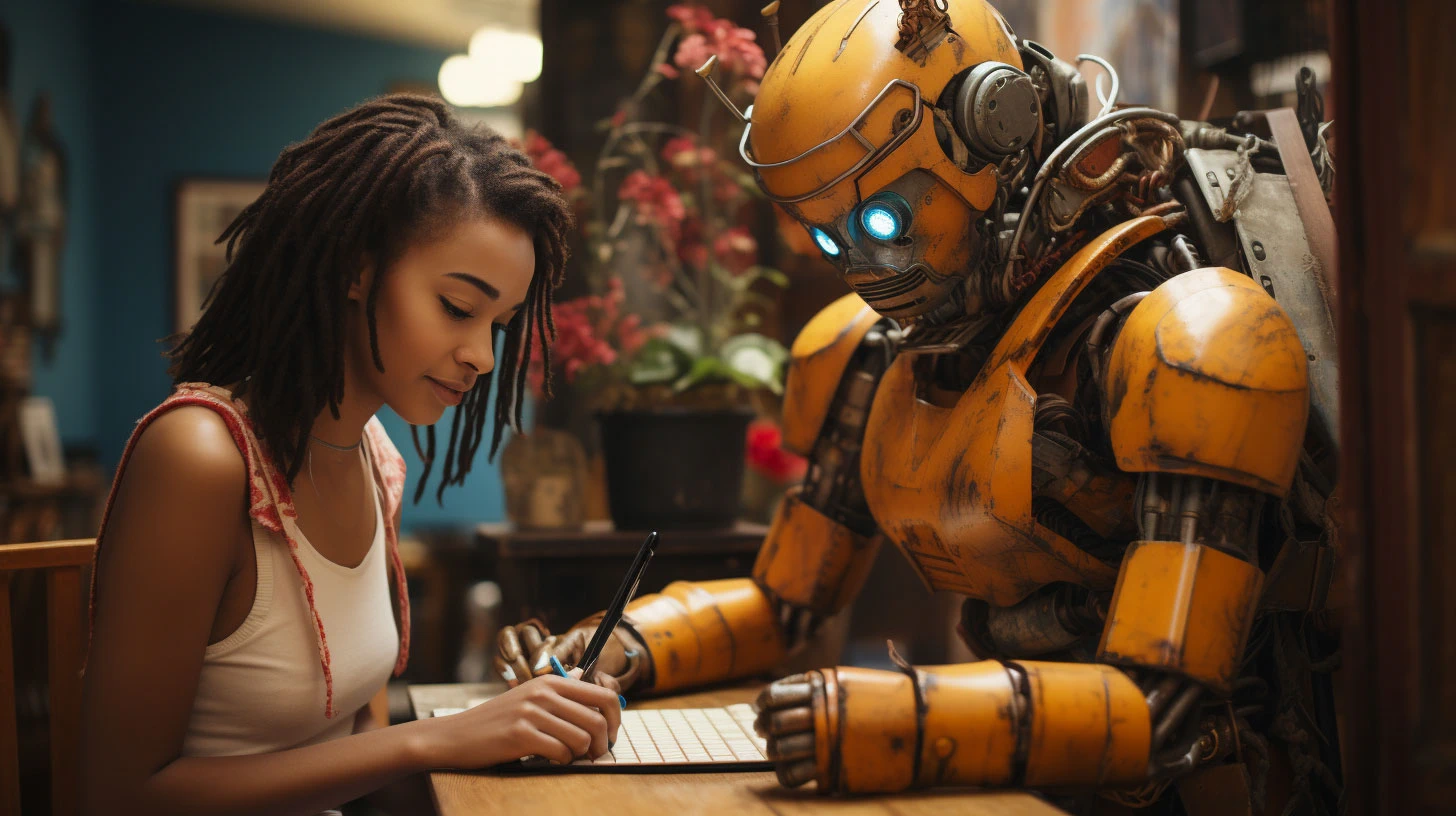 Illustration of a student writing while sitting at a table across from a yellow humanoid robot.
