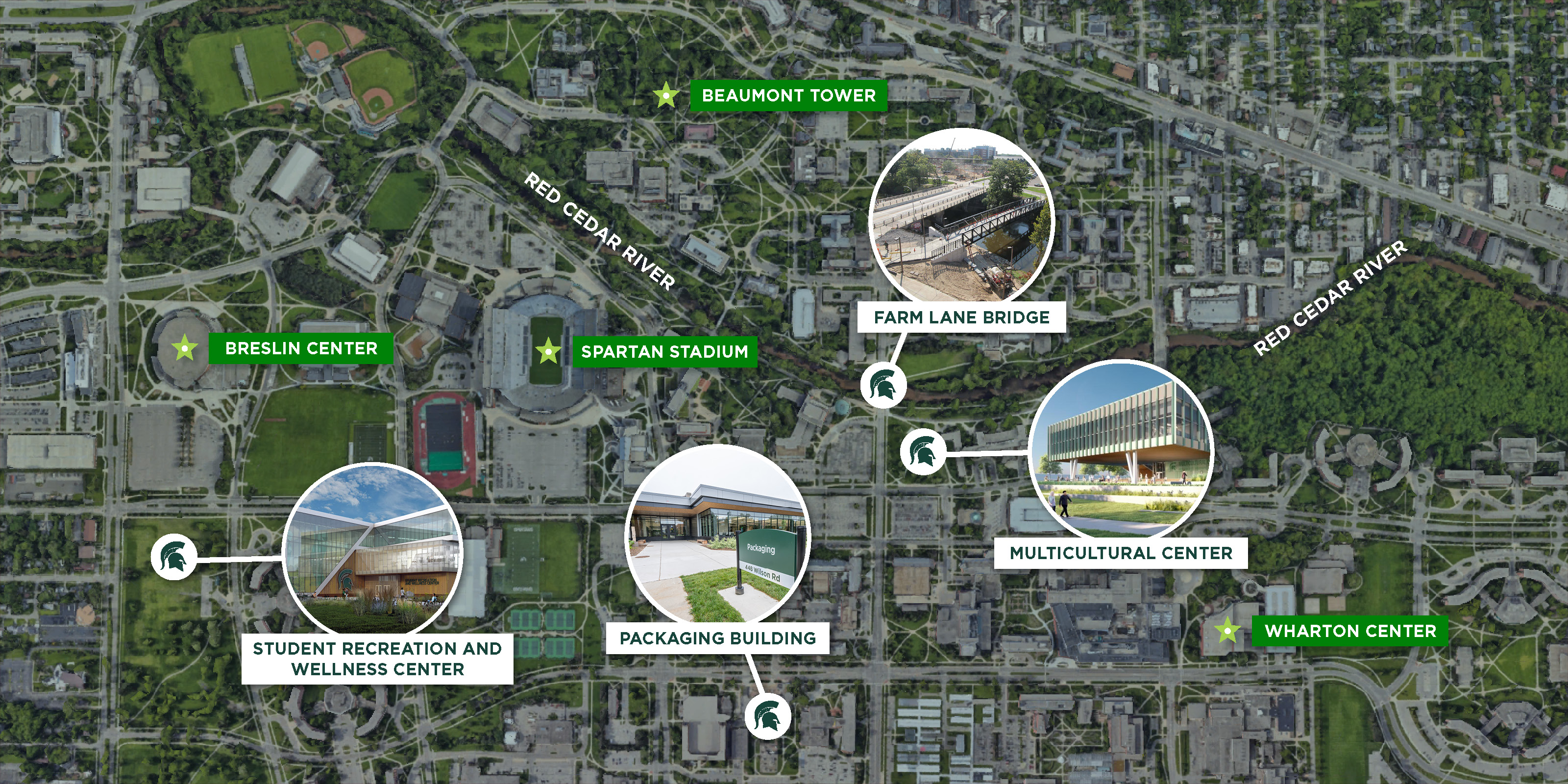 Google Earth image of MSU’s campus. White text indicates Red Cedar River. Four locations are marked with a green star: Breslin Center, Spartan Stadium, Beaumont Tower, Wharton Center. Four locations are marked with a white dot connected to a circle containing photos or building renderings.