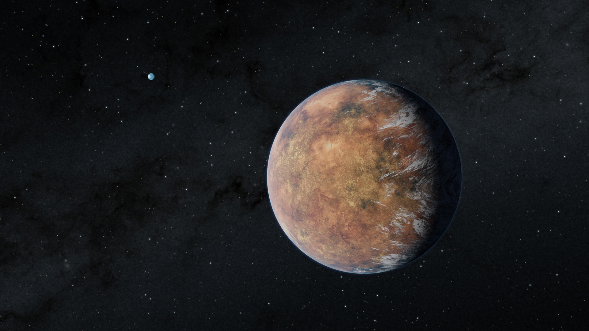 An illustration shows what the newly discovered planet TOI-700 e may look like — a brown, rocky orb sitting against the black of space. That black background is dotted with stars and a small blue sphere in the distance representing planet TOI-700 d.