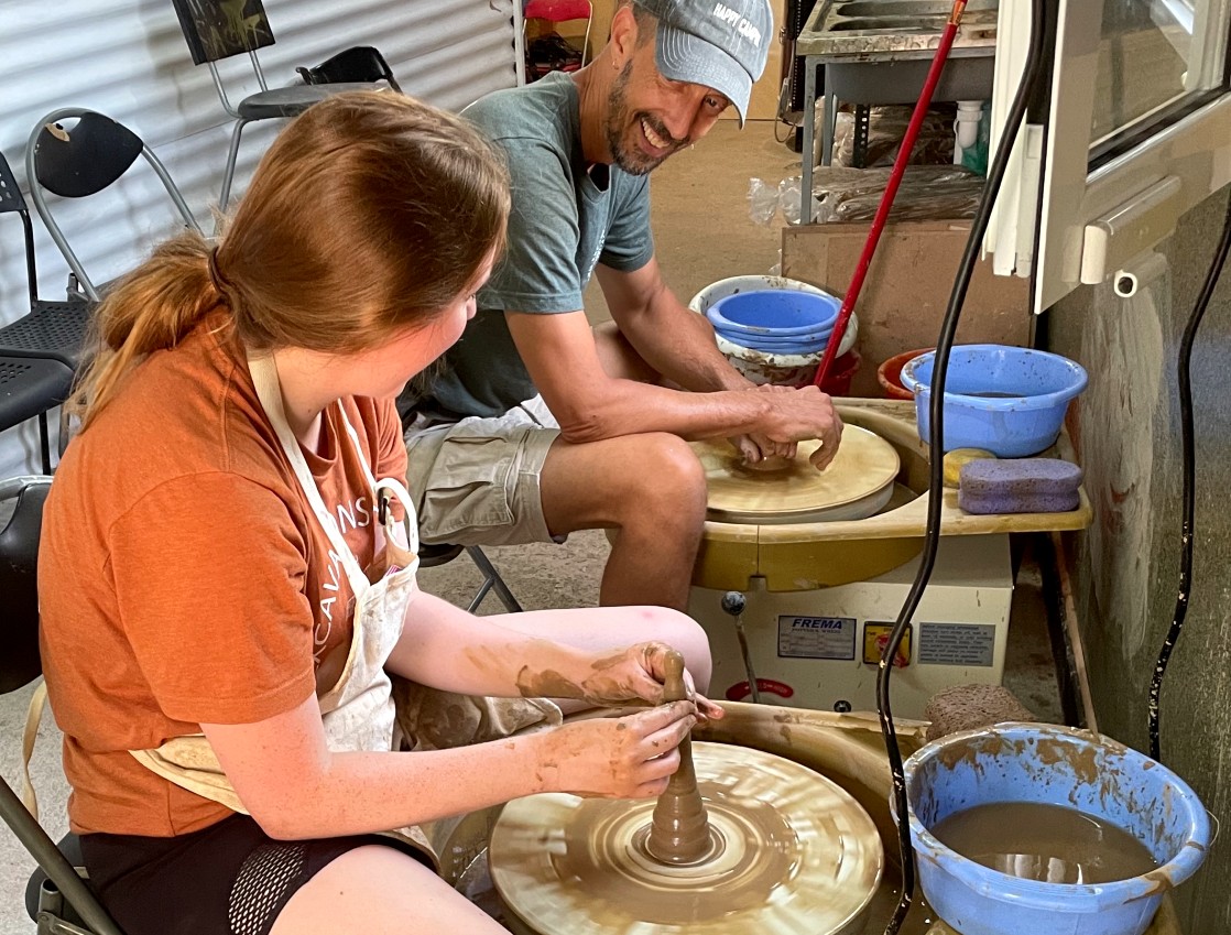 Dr. Jon Frey (right) with MSU student Ally Miscikoski (left), a senior Studio Art major, during the 2023 Ceramic Arts in Greece Study Abroad.