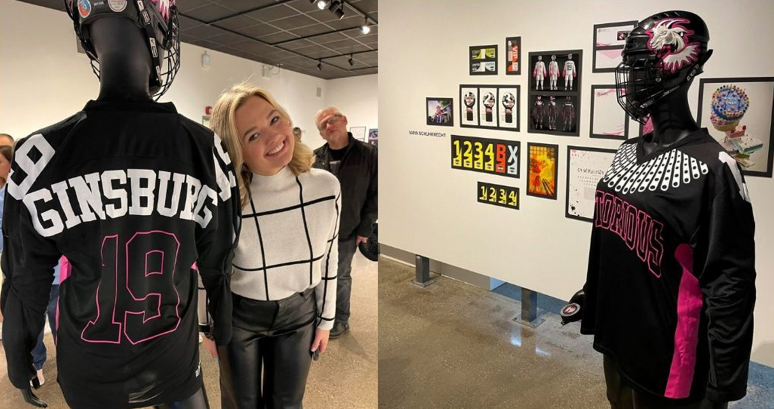 Maya Schuhknecht with her identity design campaign, the Notorious RBGs, that was part of MSU’s Spring 2023 Graphic Design Senior BFA Exhibition.