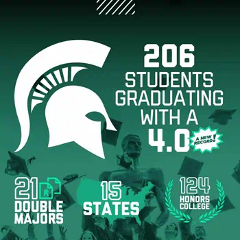 Graphic with the Spartan helmet and statistics about the Board of Trustees' Award recipients.