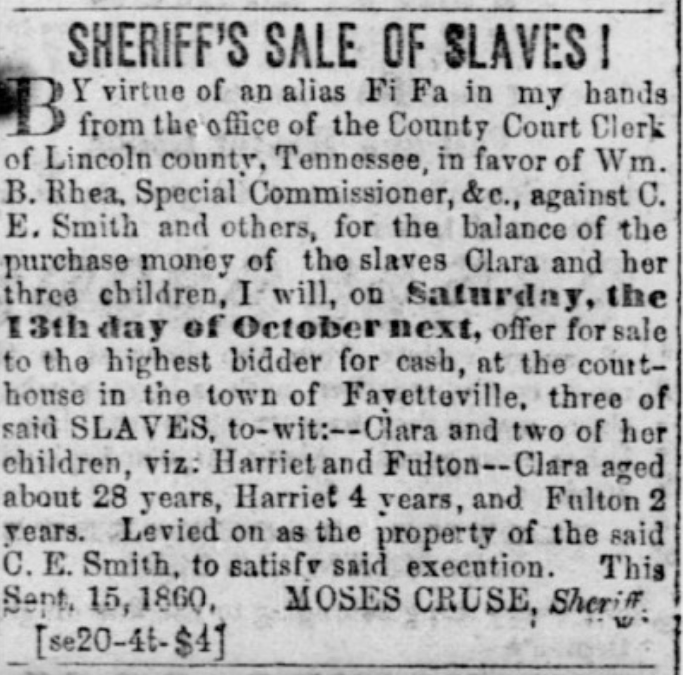 Newspaper clipping showing sale of slaves by a sherriff