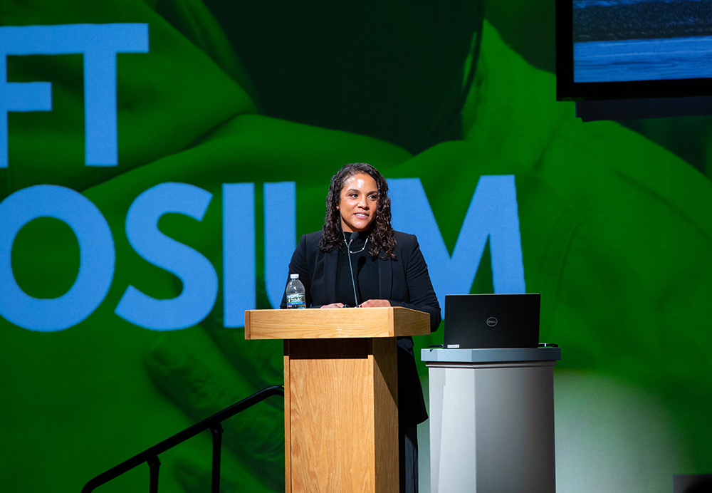  Danielle K. Brown, 1855 Professor of Community and Urban Journalism at Michigan State University, speaks at a symposium.